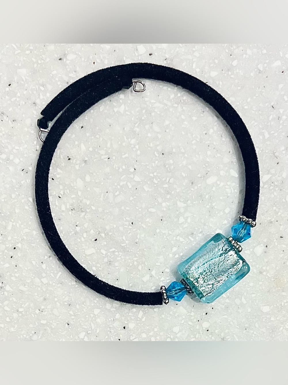 Handmade Black Bracelet with Aqua Glass Accent